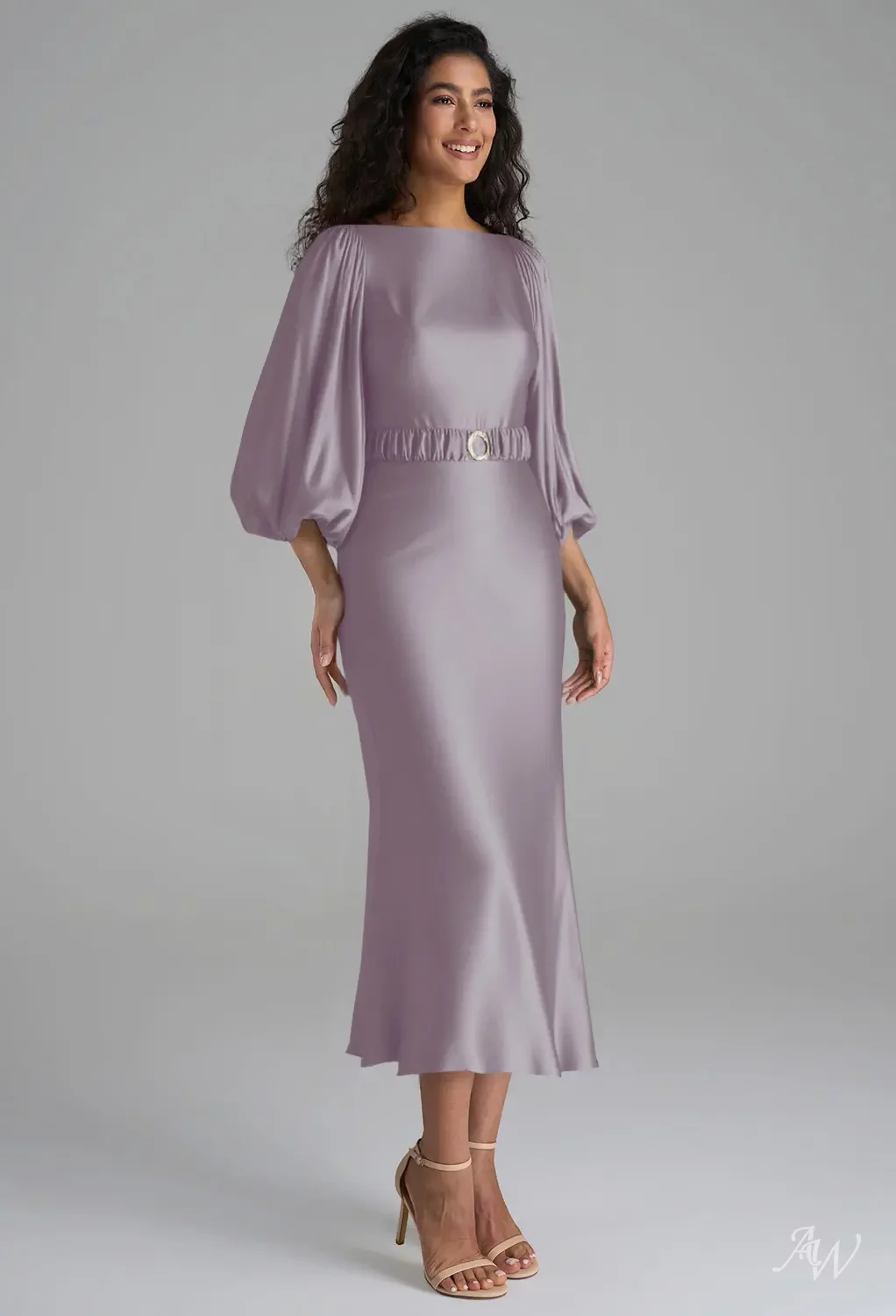 AW.Bridal Mermaid Bateau Neckline Tea Length Puff Sleeves Satin Long Bridesmaid Dresses Dress Purple Haze Size 16