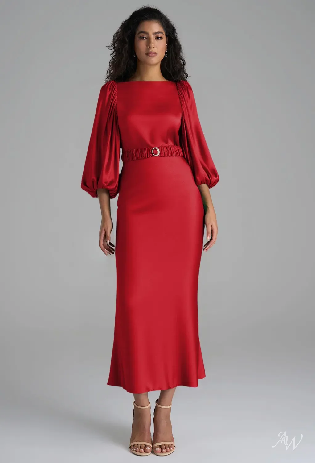 AW.Bridal Mermaid Bateau Neckline Tea Length Puff Sleeves Satin Long Bridesmaid Dresses Dress Tango Red Size 18