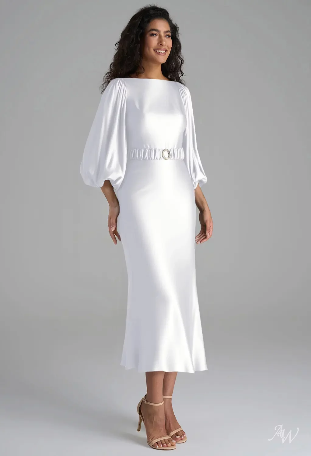 white tea length bridesmaid dresses AW.Bridal Mermaid Bateau Neckline Tea Length Puff Sleeves Satin Long Bridesmaid Dresses Dress White Size 4