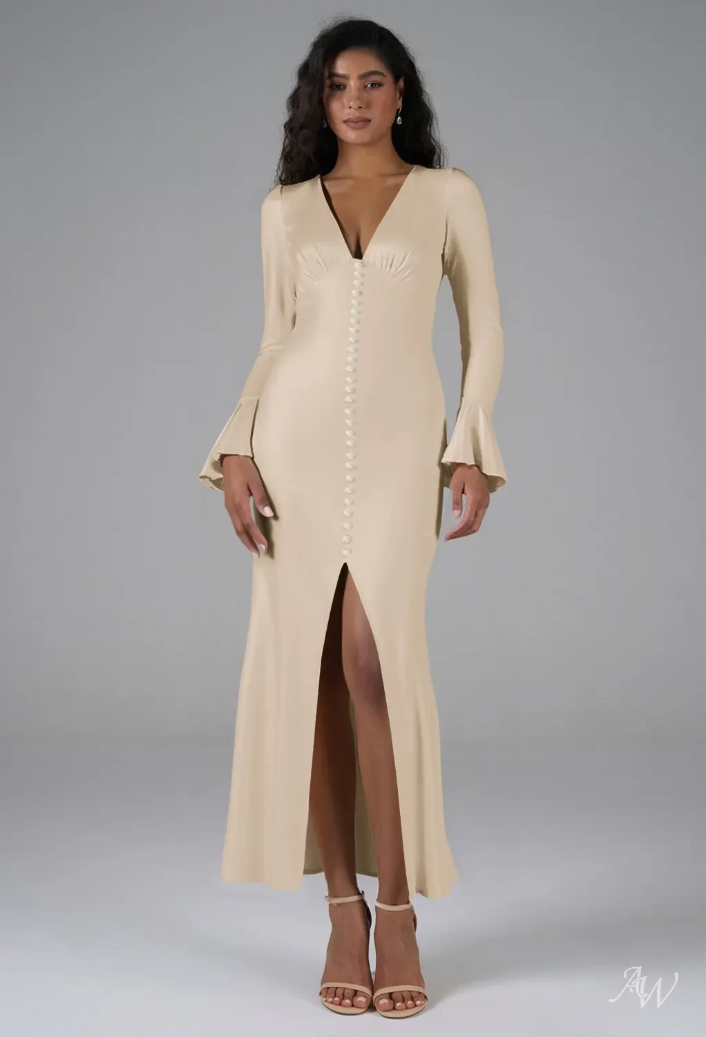 AW.Bridal Mermaid V-Neck Ankle Length Long Sleeves Satin Pearls Split Long Bridesmaid Dresses Dress Champagne Size 8