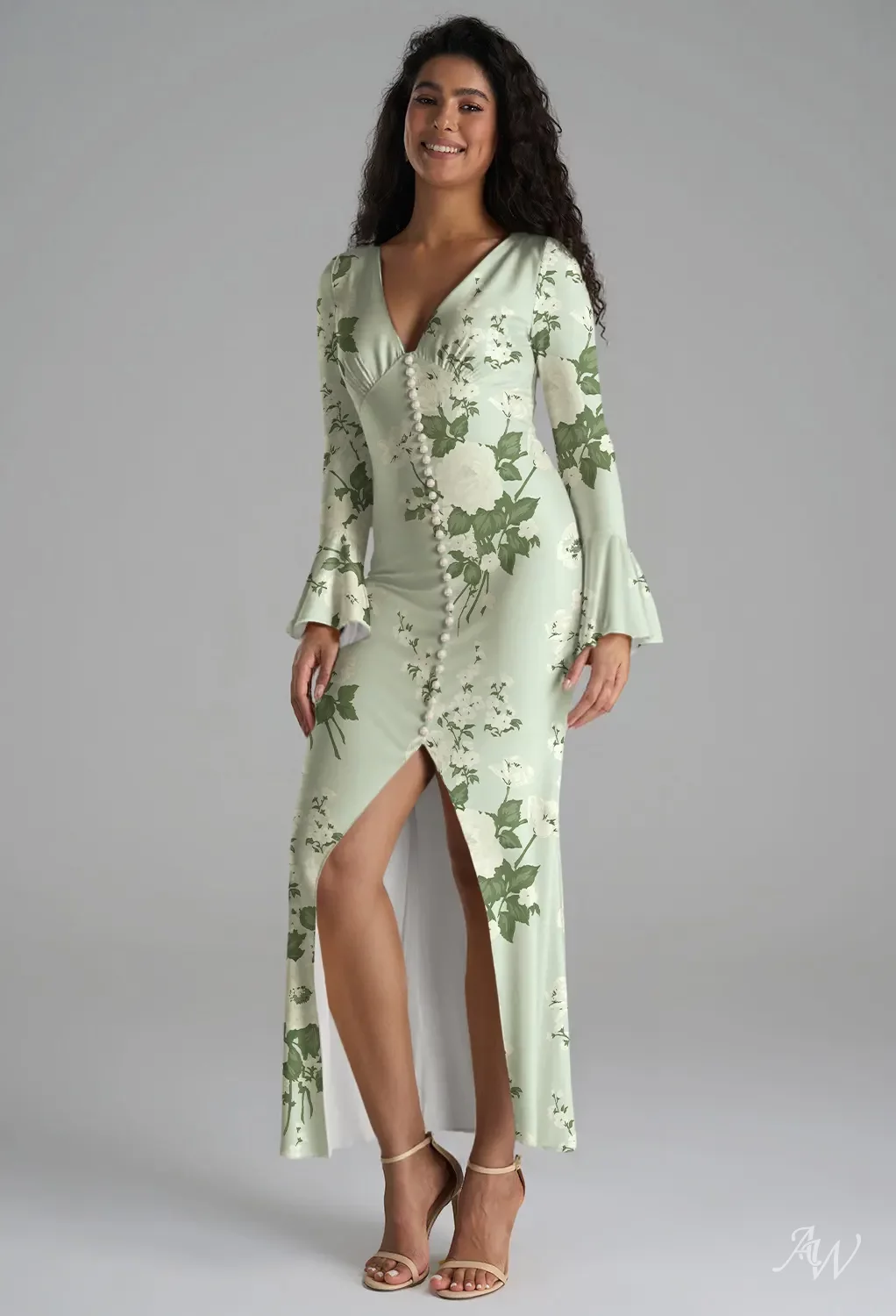 AW.Bridal Mermaid V-Neck Ankle Length Long Sleeves Satin Pearls Split Floral Bridesmaid Dresses Floral Dress Mottled Moss Green Size 18