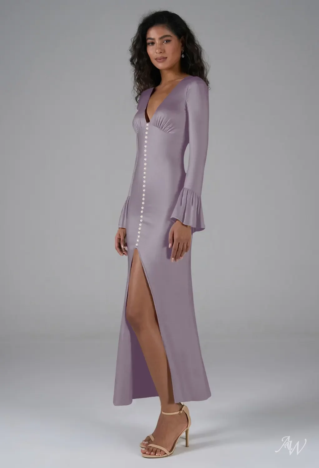AW.Bridal Mermaid V-Neck Ankle Length Long Sleeves Satin Pearls Split Long Bridesmaid Dresses Dress Purple Haze Size 4