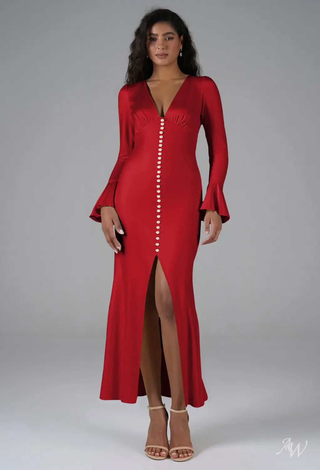 ivory and red bridesmaid dresses AW.Bridal Mermaid V-Neck Ankle Length Long Sleeves Satin Pearls Split Long Dress Tango Size 4 Bed Type_Upholstered Bed