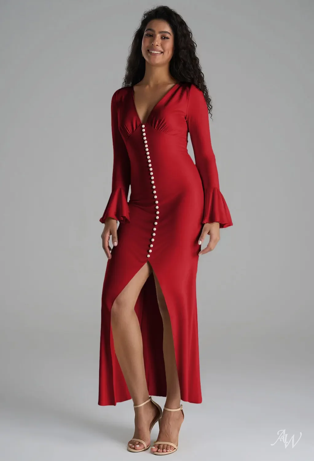 carla bridesmaid dress AW.Bridal Mermaid V-Neck Ankle Length Long Sleeves Satin Pearls Split Long Dresses Tango Red Size 4 One Shoulder Length upload-20250616 Naïa Embellished Maxi Dress Shoe size:40