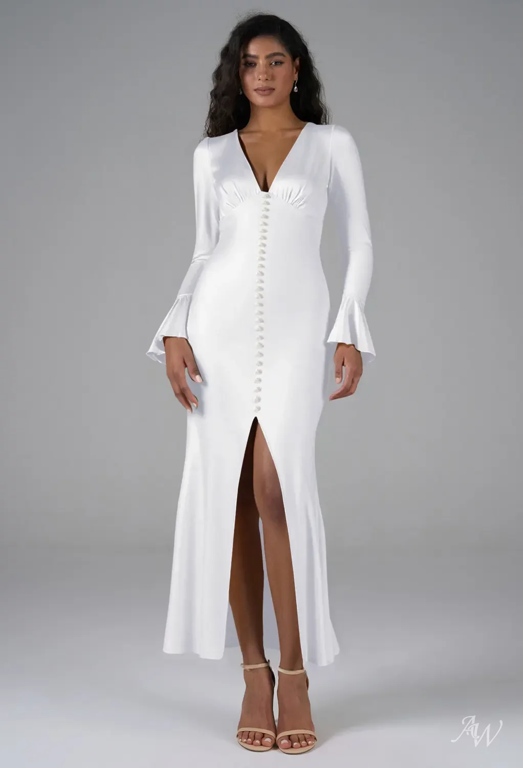 AW.Bridal Mermaid V-Neck Ankle Length Long Sleeves Satin Pearls Split Long Bridesmaid Dresses Dress White Size 16
