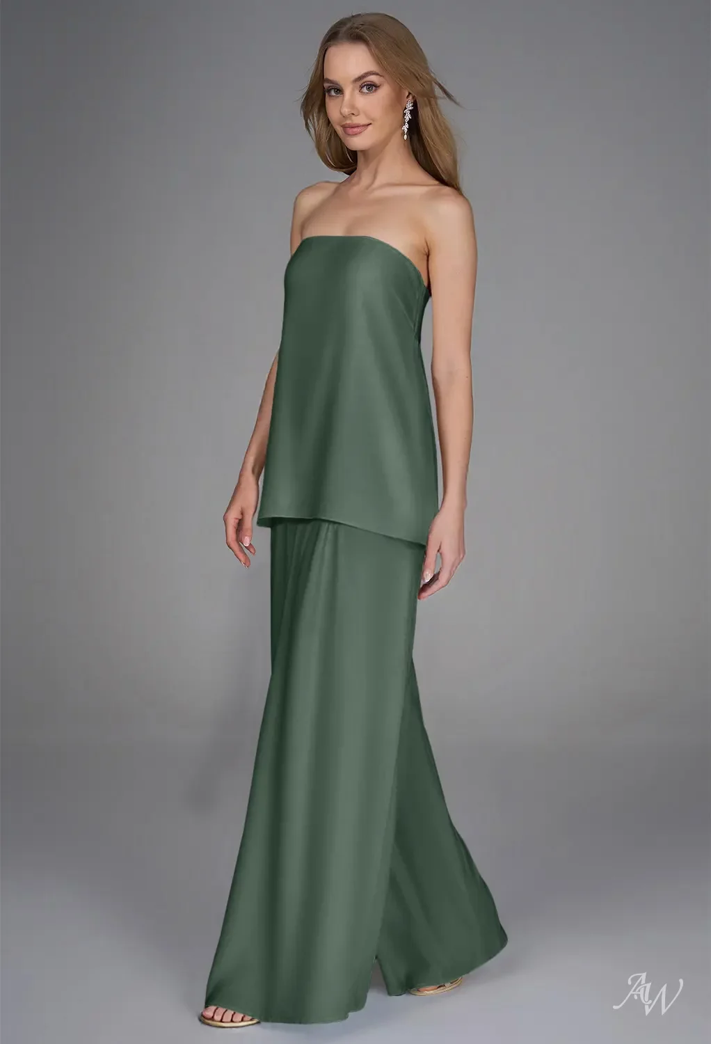 AW.Bridal Jumpsuit Straight Neckline Floor Length Sleeveless Spaghetti Straps Satin Long Bridesmaid Dresses Dress Dark Olive Size 18