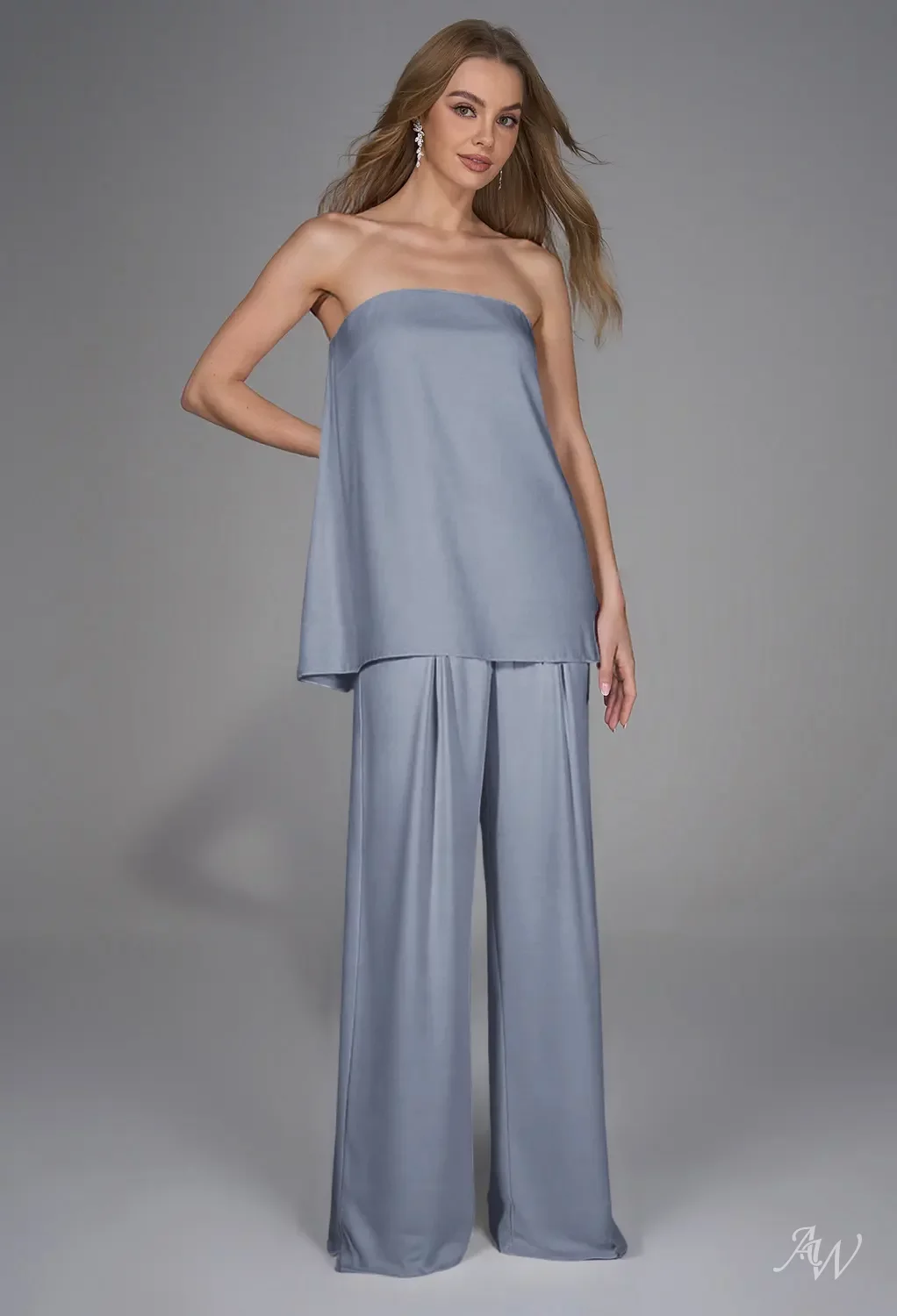AW.Bridal Jumpsuit Straight Neckline Floor Length Sleeveless Spaghetti Straps Satin Long Bridesmaid Dresses Dress Dusty Blue Size 16