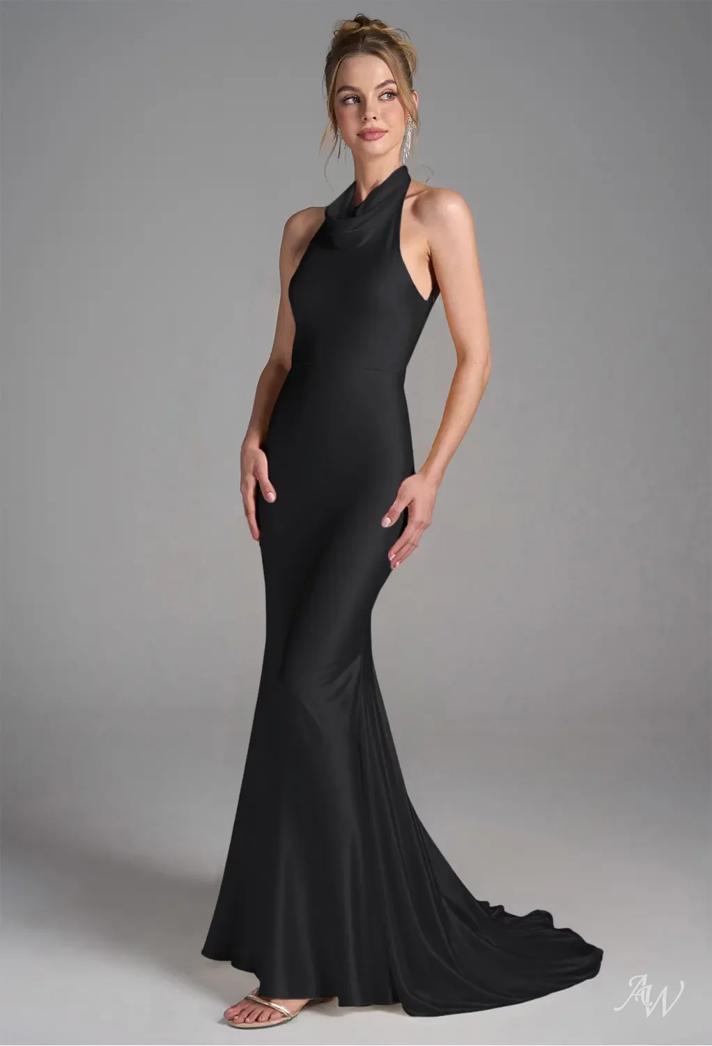 black metallic satin bridesmaid dress AW.Bridal Mermaid Halter Neckline Floor Length Sleeveless Backless Long Dresses Size 18 2026 GLOBAL FESTIVAL 2.0 Ruching Split Moonogram mesh flock ruffles Colour:Floral