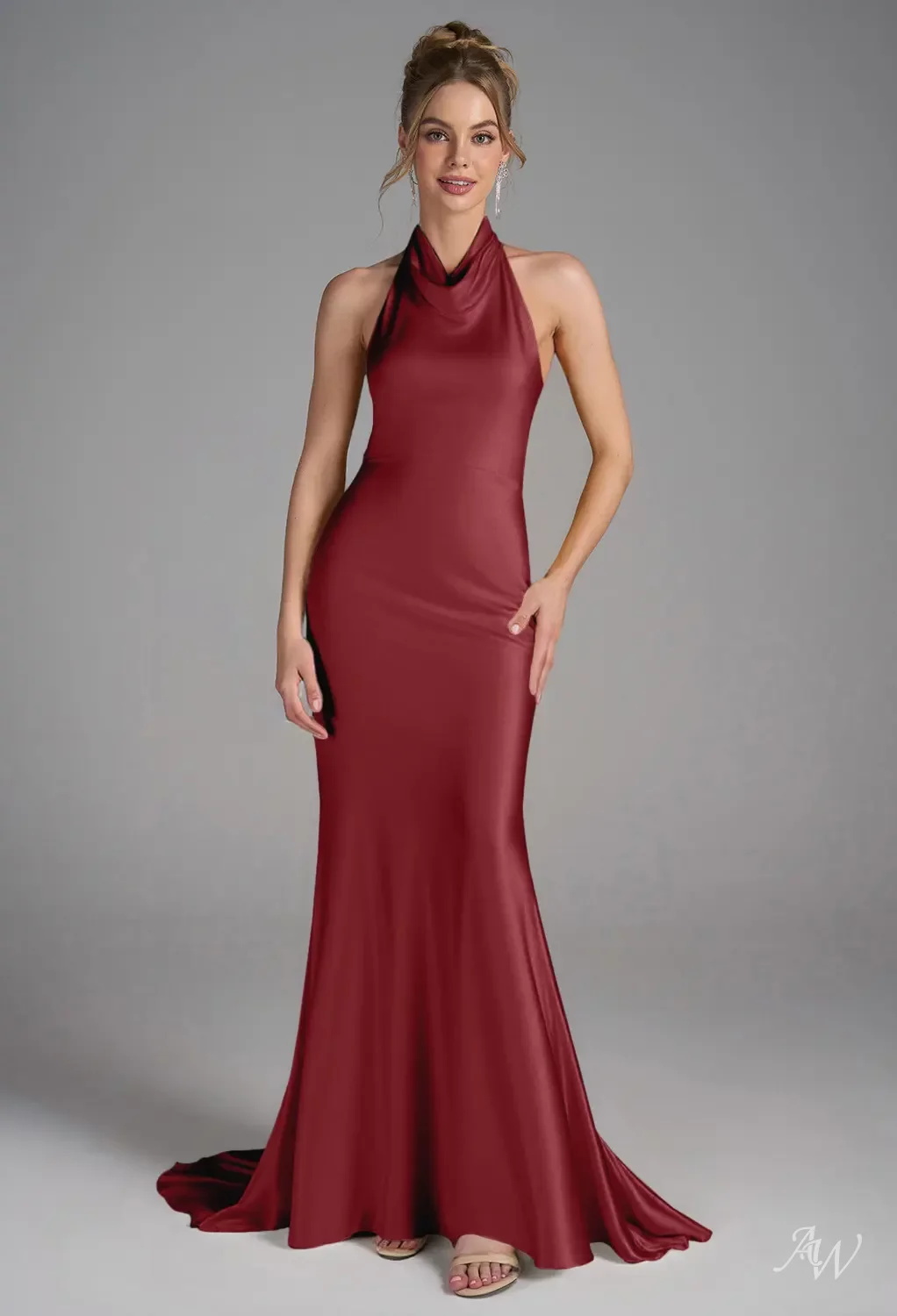 burgundy halter neck bridesmaid dress AW.Bridal Mermaid Neckline Floor Length Sleeveless Satin Backless Long Dresses Size 4 Lumalex Women's Burgundy Elegant add to POS fitted bodice Color:Green2