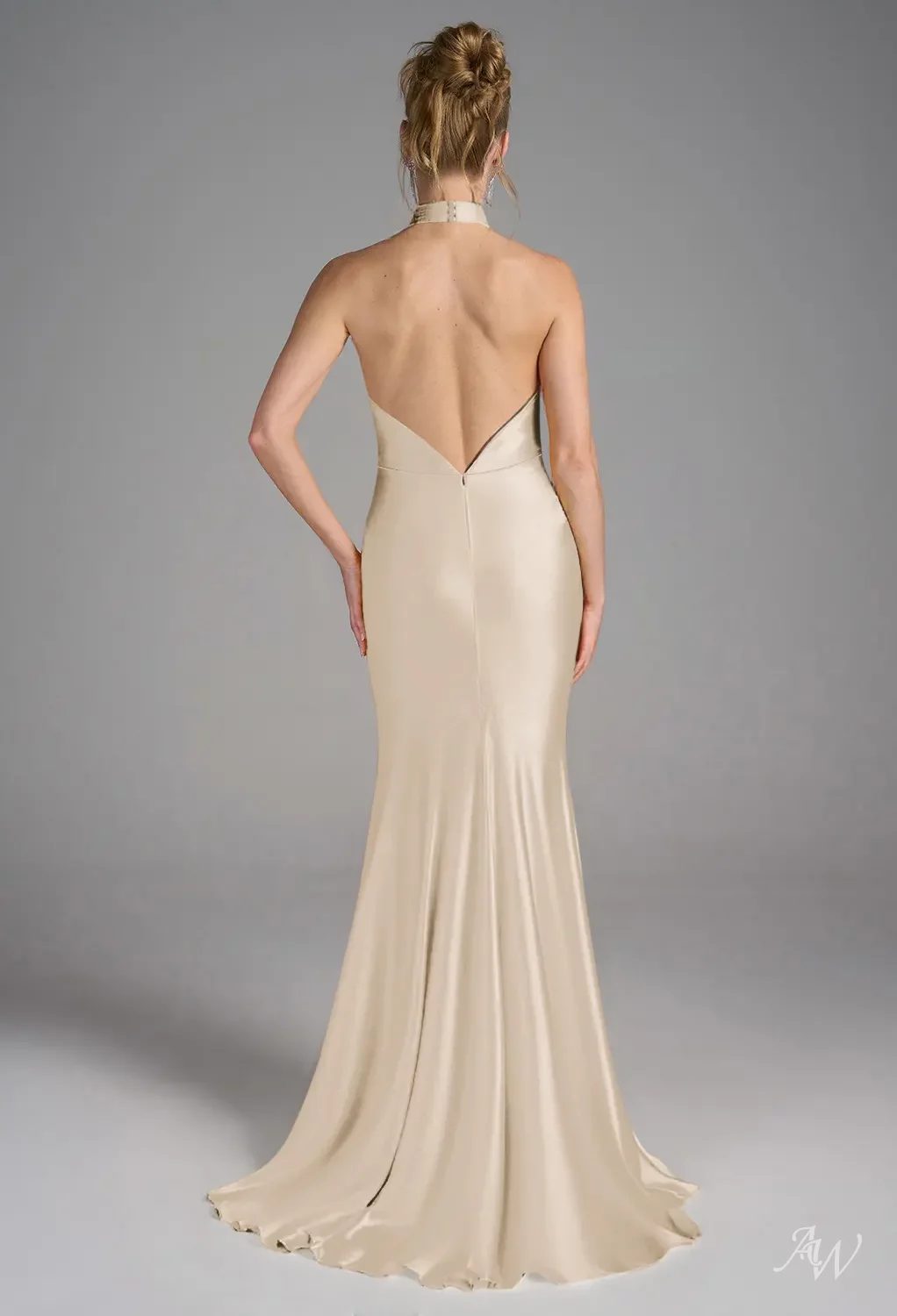 AW.Bridal Mermaid Halter Neckline Floor Length Sleeveless Satin Backless Long Bridesmaid Dresses Dress Champagne Size 18