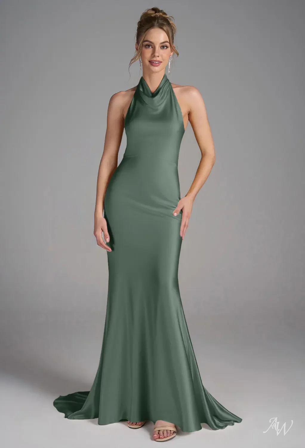 AW.Bridal Mermaid Halter Neckline Floor Length Sleeveless Satin Backless Long Bridesmaid Dresses Dress Dark Olive Size 4