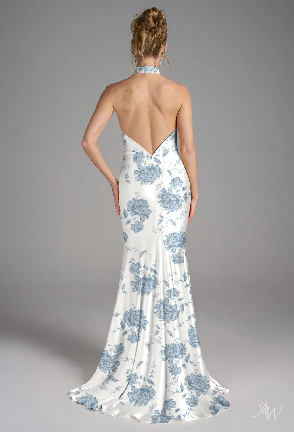 AW.Bridal Mermaid Halter Neckline Floor Length Sleeveless Satin Backless Floral Bridesmaid Dresses Floral Dress Dusty Blue Peonies Size 18