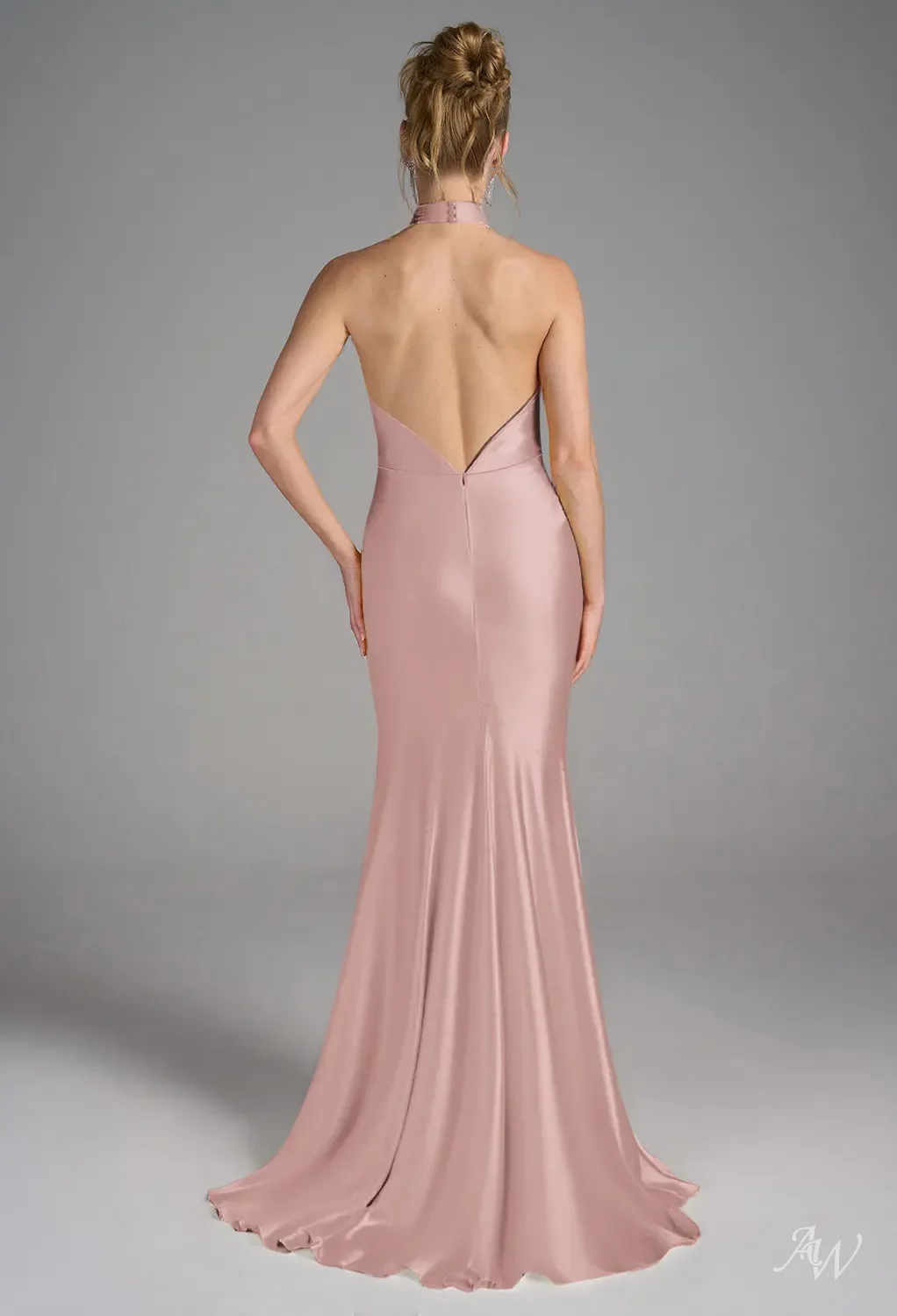 AW.Bridal Mermaid Halter Neckline Floor Length Sleeveless Satin Backless Long Bridesmaid Dresses Dress Dusty Rose Size 6