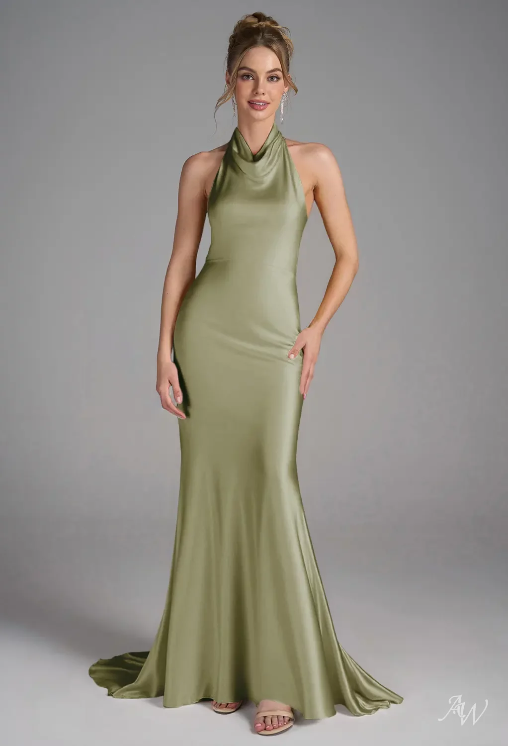 AW.Bridal Mermaid Halter Neckline Floor Length Sleeveless Satin Backless Long Bridesmaid Dresses Dress Fennel Seed Size 18