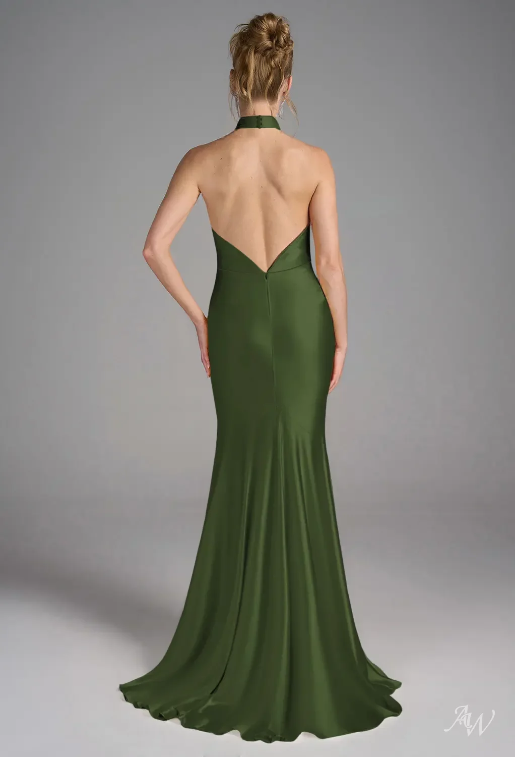 AW.Bridal Mermaid Halter Neckline Floor Length Sleeveless Satin Backless Long Bridesmaid Dresses Dress Green Olive Size 16