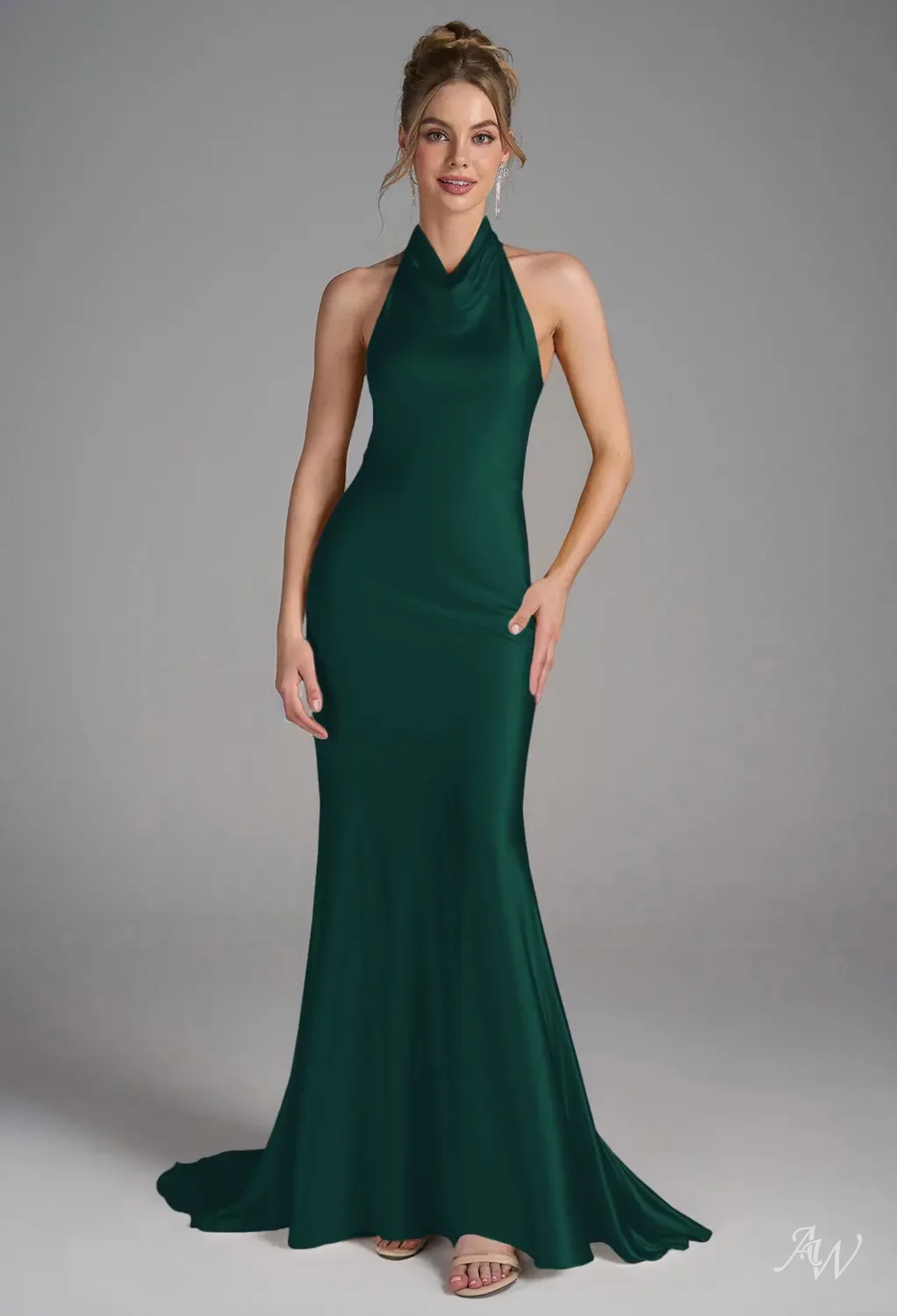 AW.Bridal Mermaid Halter Neckline Floor Length Sleeveless Satin Backless Long Bridesmaid Dresses Dress Hunter Green Size 16