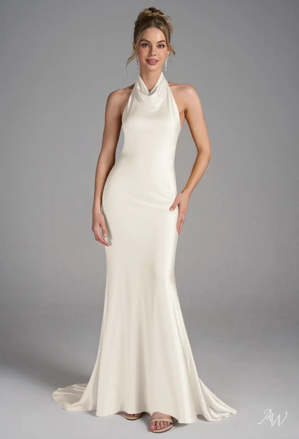 AW.Bridal Mermaid Halter Neckline Floor Length Sleeveless Satin Backless Long Bridesmaid Dresses Dress Ivory Size 6