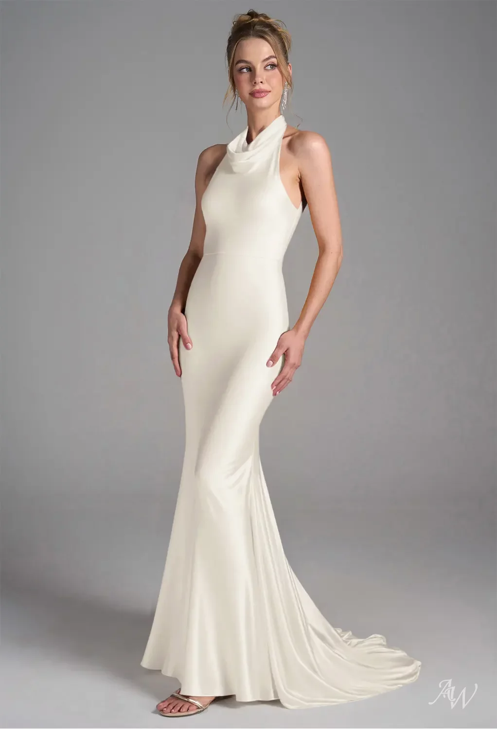 AW.Bridal Mermaid Halter Neckline Floor Length Sleeveless Satin Backless Long Bridesmaid Dresses Dress Ivory Size 6