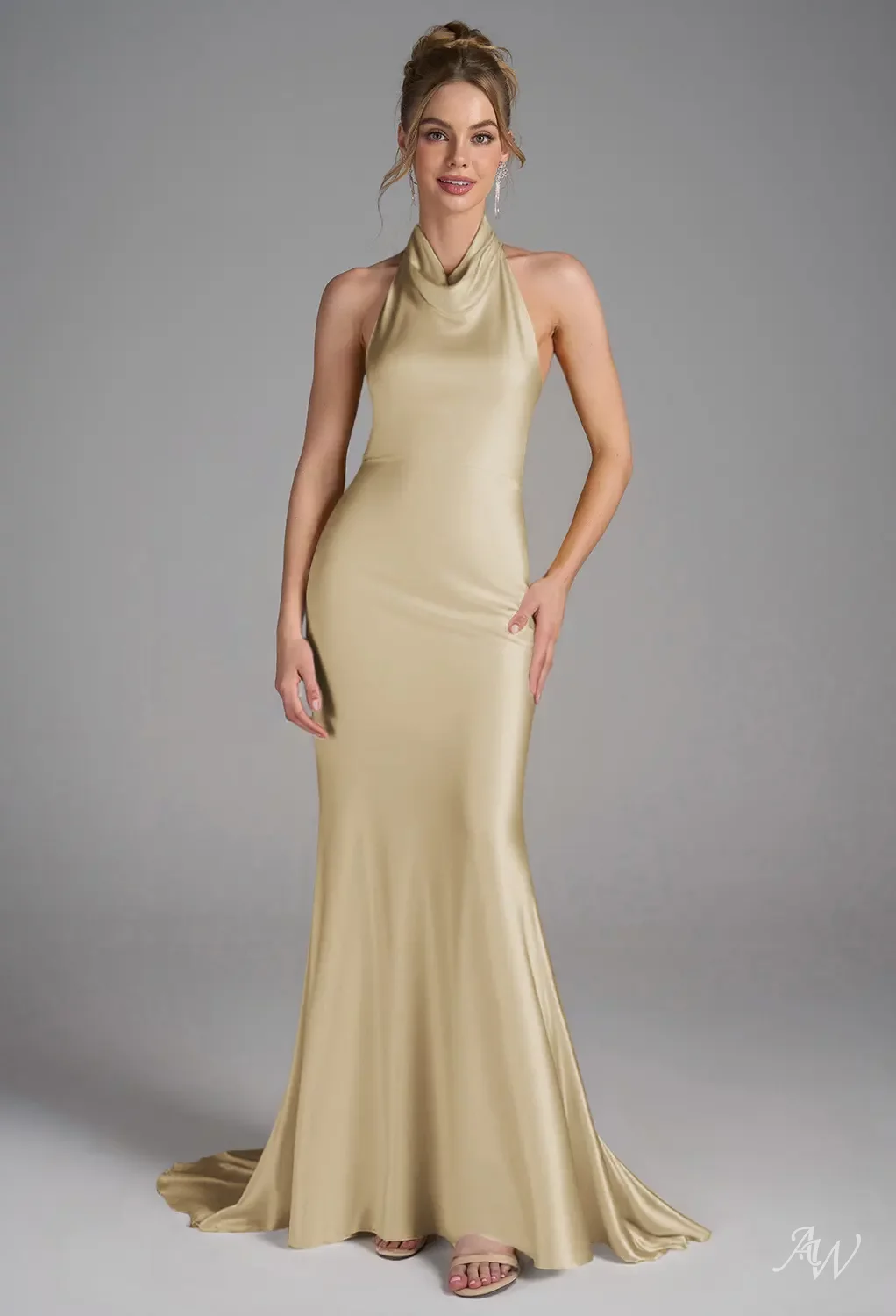 AW.Bridal Mermaid Halter Neckline Floor Length Sleeveless Satin Backless Long Bridesmaid Dresses Dress Light Gold Size 16
