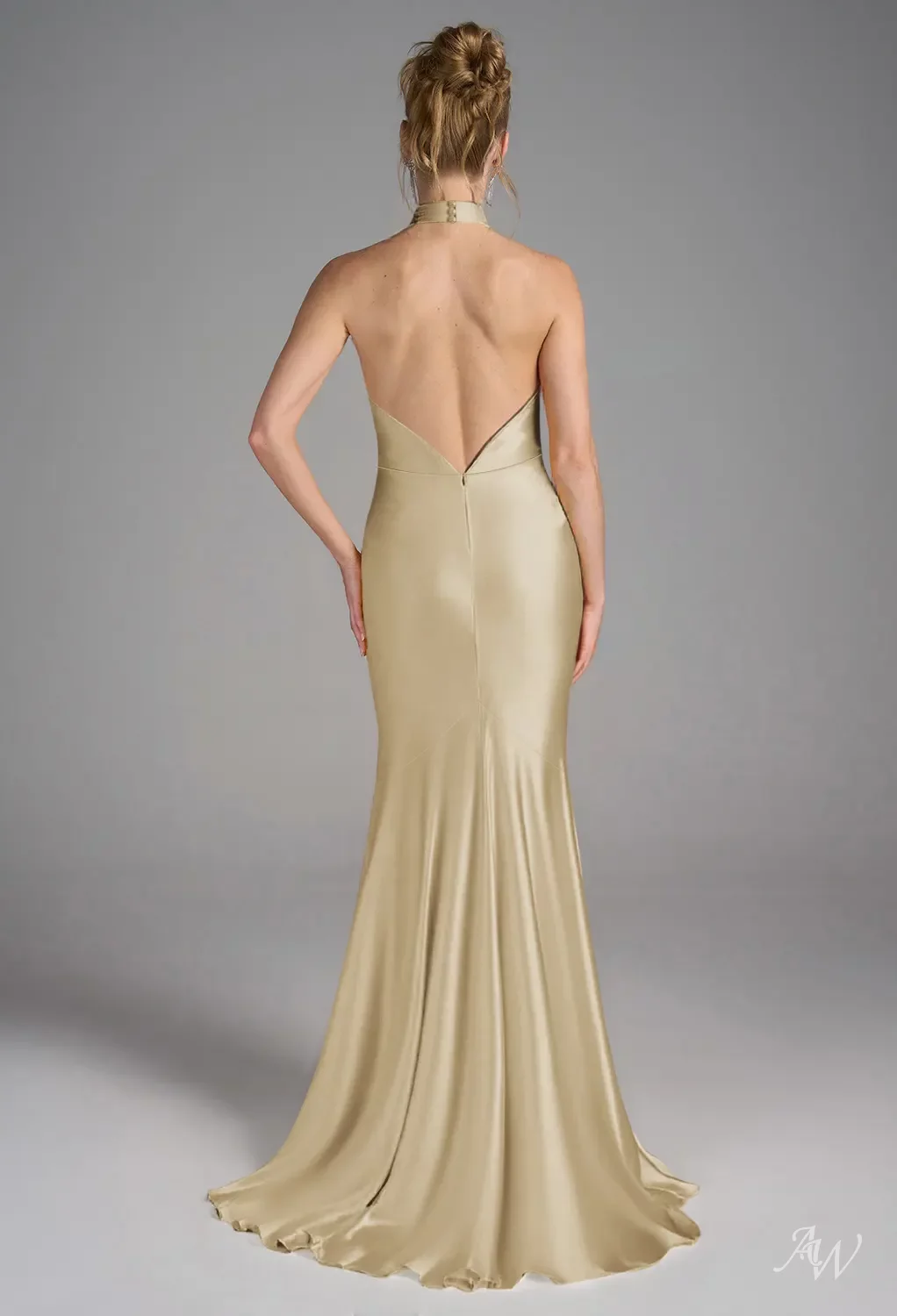 AW.Bridal Mermaid Halter Neckline Floor Length Sleeveless Satin Backless Long Bridesmaid Dresses Dress Light Gold Size 6