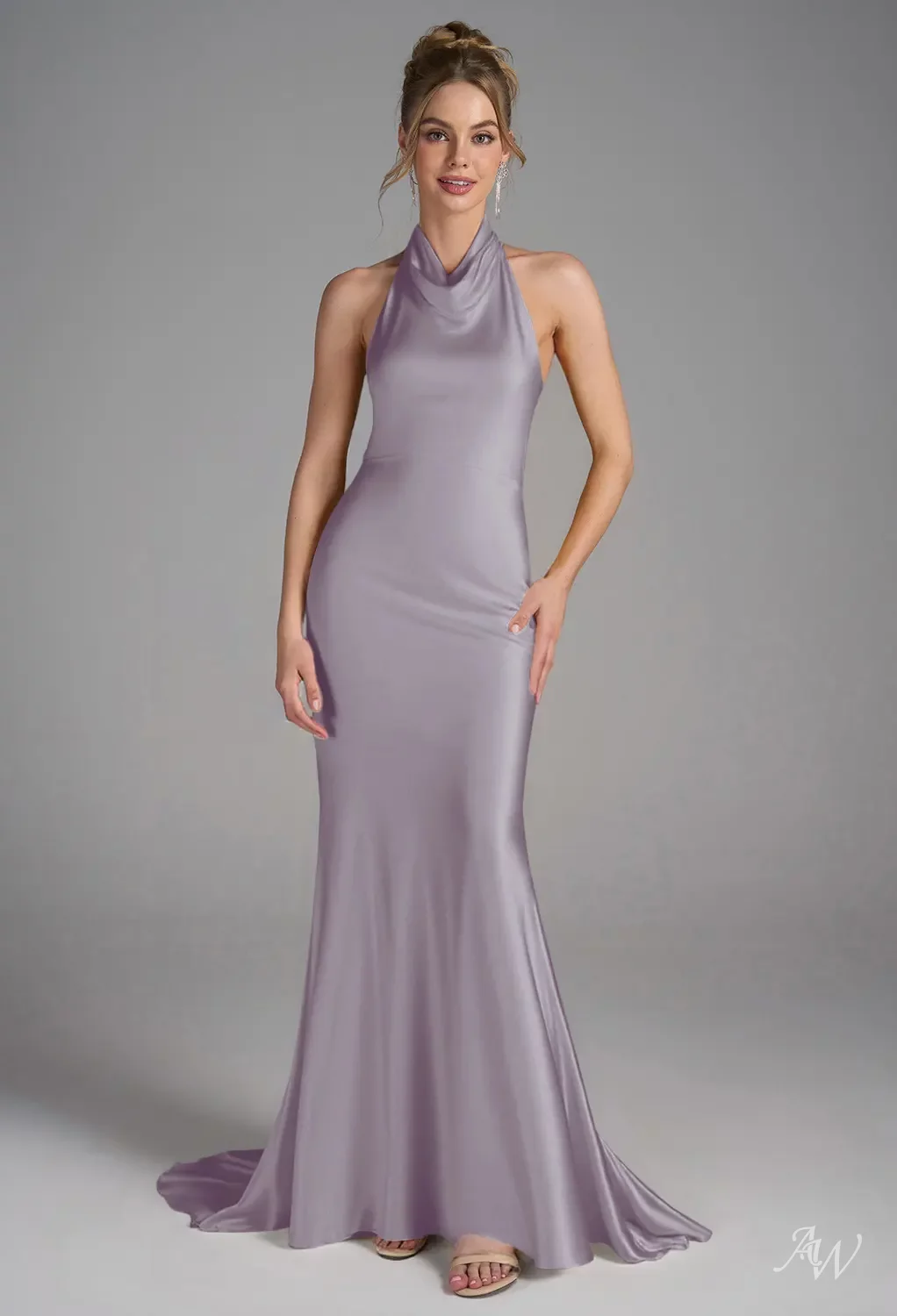 AW.Bridal Mermaid Halter Neckline Floor Length Sleeveless Satin Backless Long Bridesmaid Dresses Dress Purple Haze Size 16