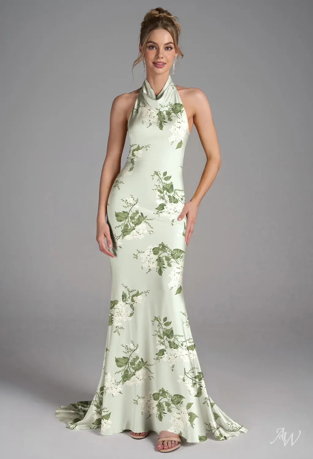 AW.Bridal Mermaid Halter Neckline Floor Length Sleeveless Satin Backless Floral Bridesmaid Dresses Floral Dress Sage Garden Party Size 6