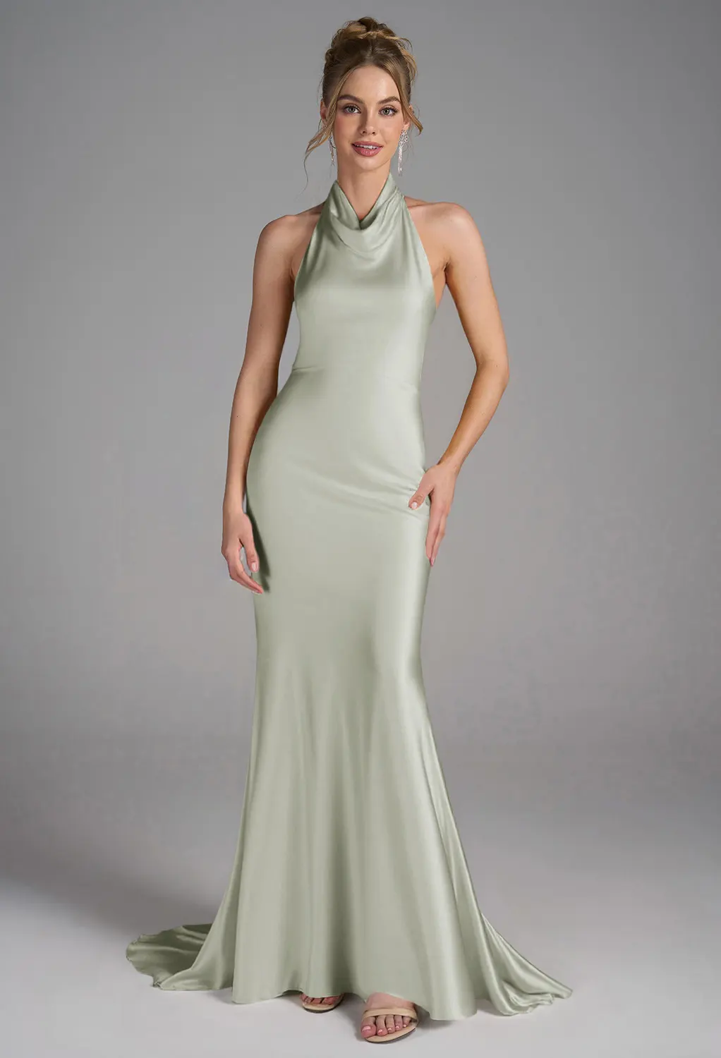 shop sage green bridesmaid dresses Zapakasa Women Sage Green Ruched Long Satin Bridesmaid Dress with Slit  Halter Mermaid Backless Wedding Guest Dress main image 0