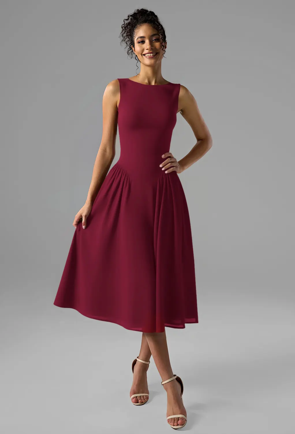 Burgundy, Bateau Neckline Wedding Guest Dresses | AW.Bridal