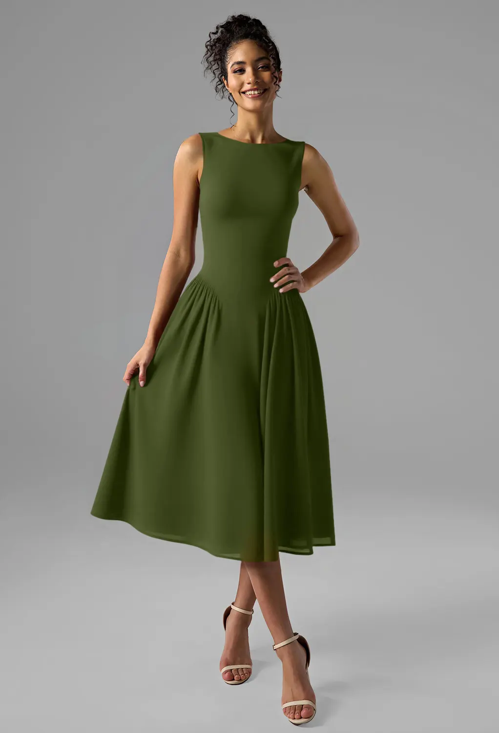 green emerald velvet dress Wedding-Guest Midi Party Dress with Short Sleeves Hunter Green / Large main image 1