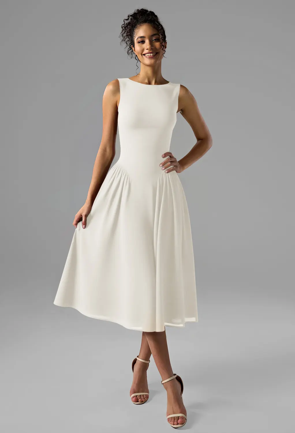 slim fit dress slacks Simple V Neck Tea Length White Prom Homecoming Dress, White Formal Gra –  abcprom main image 0