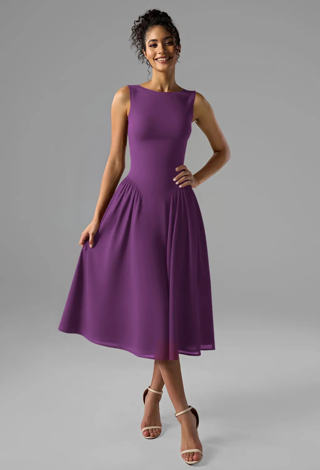 strapless open back dress Tea-Length Periwinkle Wedding Guest Dress with Ruffles– PromGirl main image 1