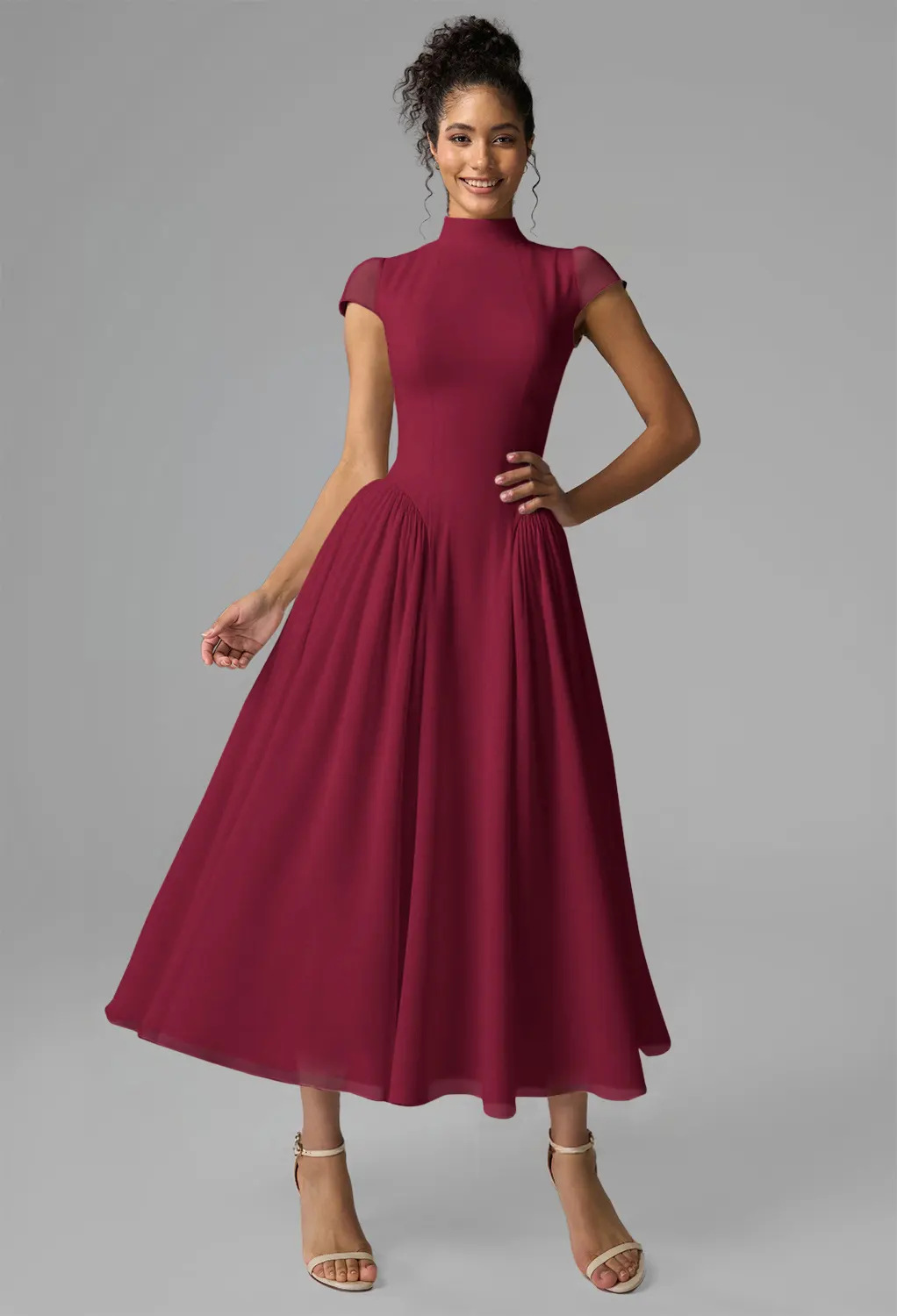 Burgundy, Short Sleeves Wedding Guest Dresses | AW.Bridal