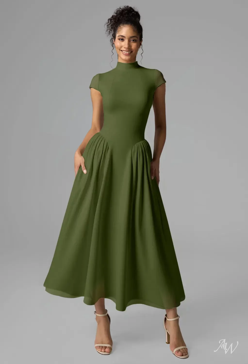 olive dresses short A-Line Puff Sleeves Olive Green Satin Short Prom Dress, Olive Green Homecoming Dress US 16 / Green