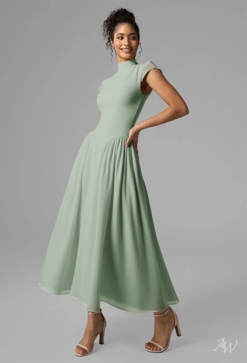 short sage bridesmaid dresses AW Aimee Green Neck Sleeves