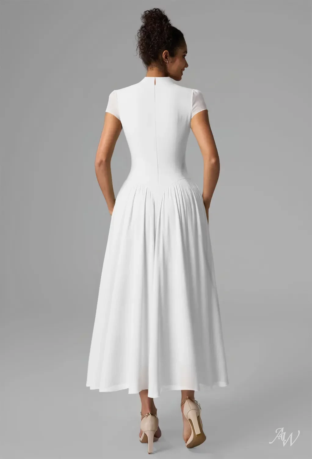 knee length dresses for ladies Maelle White Scoop-Neck Midi Dress With Corsage Detailing – Club L London main image 1