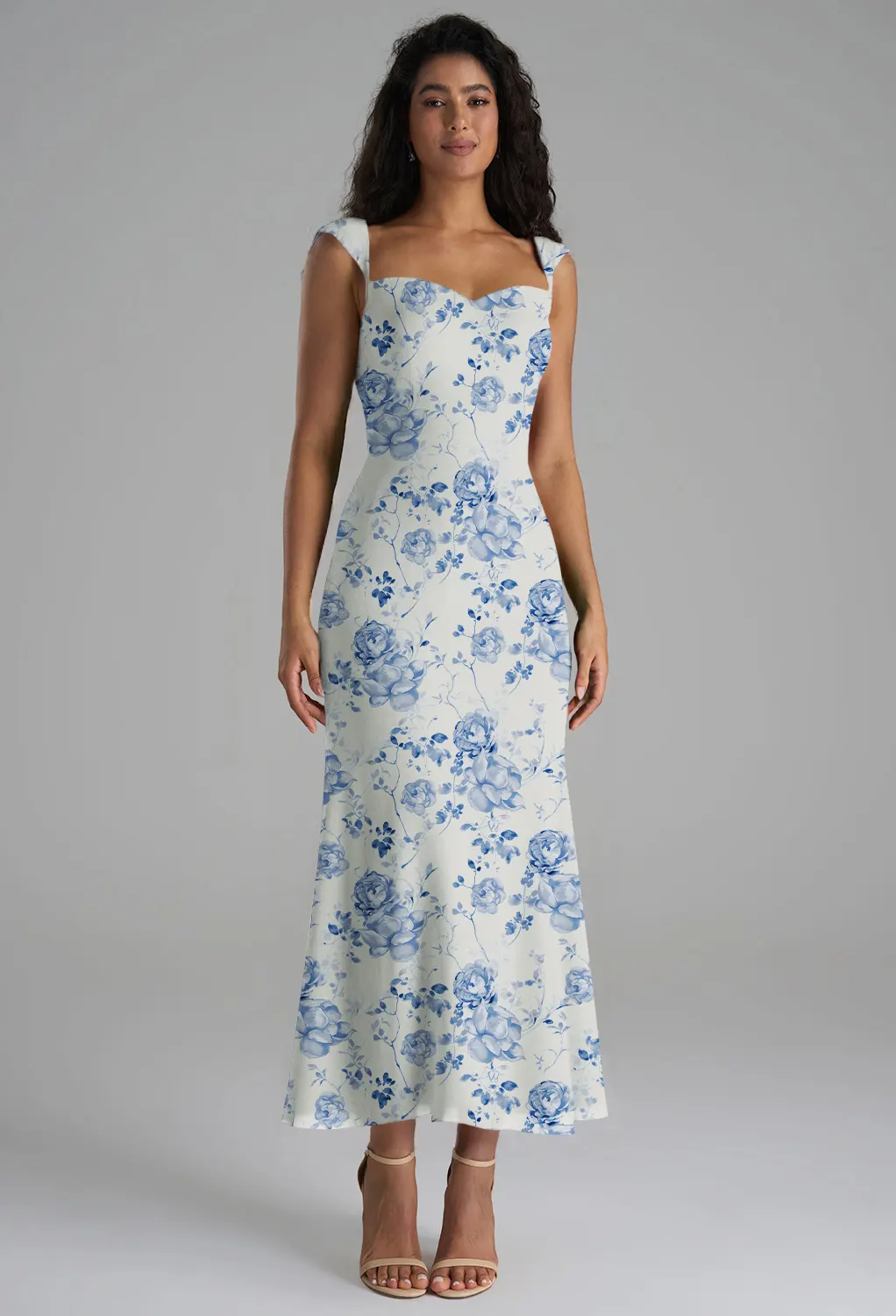 blue floral wedding guest dress Zapakasa Women Blue Floral Chiffon Long Bridesmaid Dress A Line Lace Up  Back Wedding Guest Dress with Bows main image 0