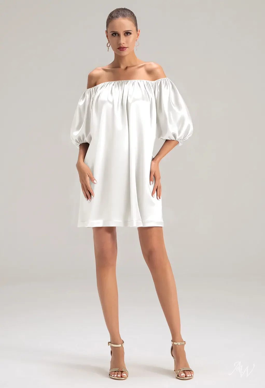 ivory wedding guest dresses Satin Dress: Long Sleeve Elegant Bridal Shower Gown with a subtle crinkled effect throughout Short Ivory White Cocktail Dress