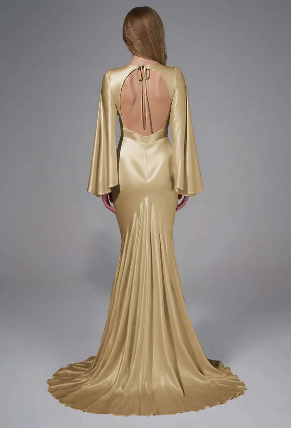 AW.Bridal Mermaid V-Neck Floor Length Long Sleeves Backless Long Bridesmaid Dresses Dress Light Gold Size 8