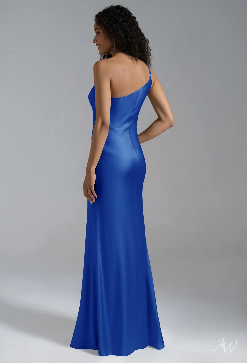 AW.Bridal Column One Shoulder Floor Length Sleeveless Satin Long Bridesmaid Dresses Dress Cornflower Size 16