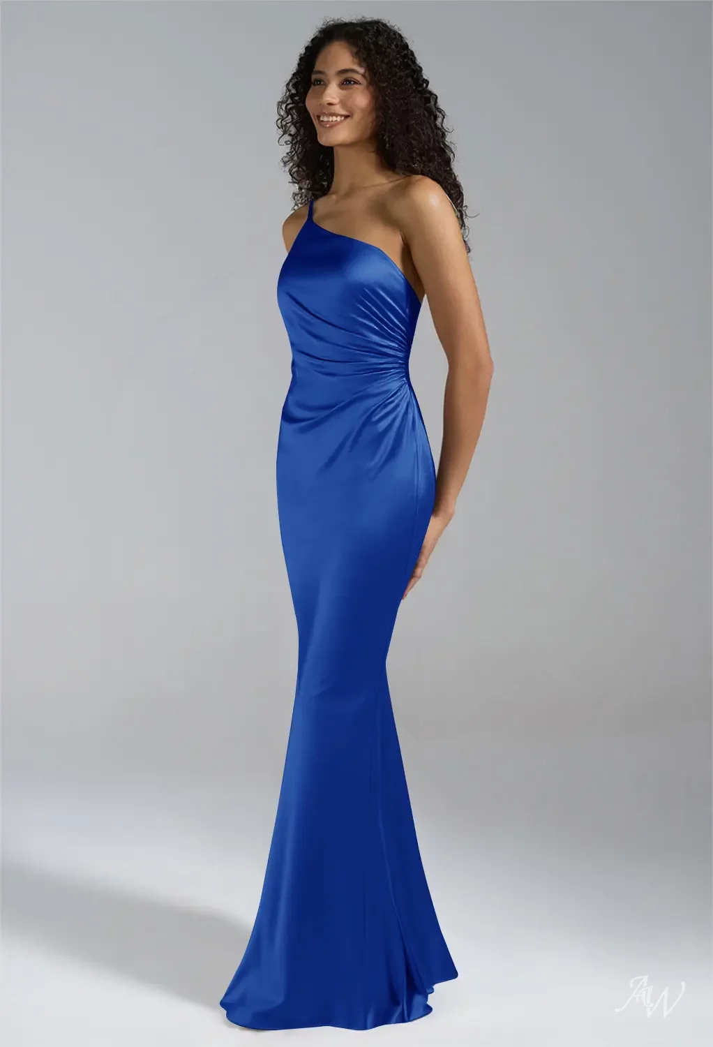 AW.Bridal Column One Shoulder Floor Length Sleeveless Satin Long Bridesmaid Dresses Dress Cornflower Size 16