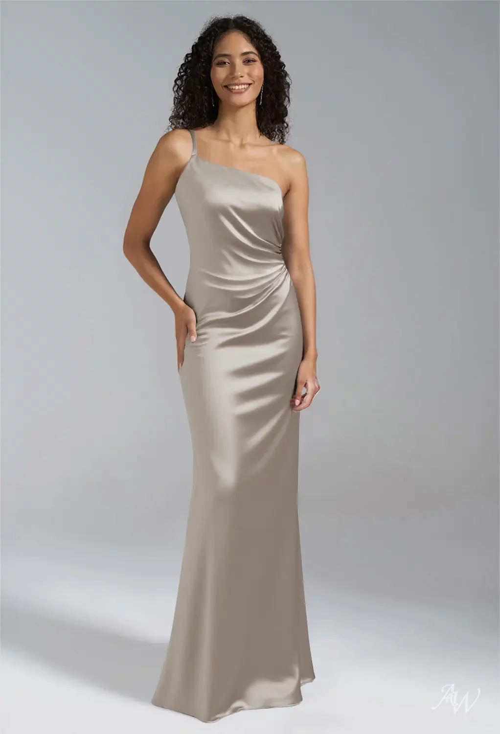 taupe one shoulder dress Azazie Haddie