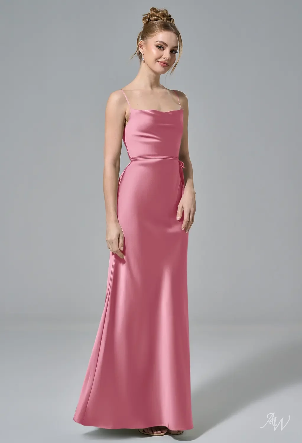 coral pink satin dress AW.Bridal Column Cowl Neckline Floor Length Sleeveless Spaghetti Straps Satin Long Bridesmaid Dresses Dress Coral Pink Size 18