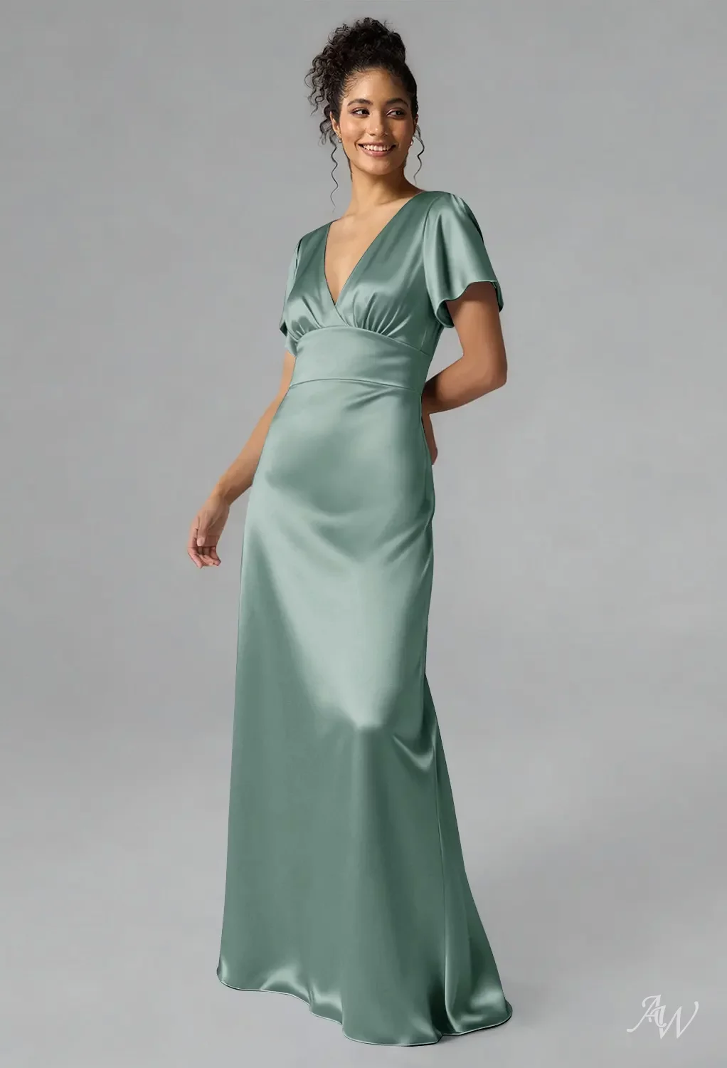 AW Adriana Dress, Pink Cherry Blossom Satin Charmeuse Stretch Satin Floor Length V-Neck Bridesmaid Dresses