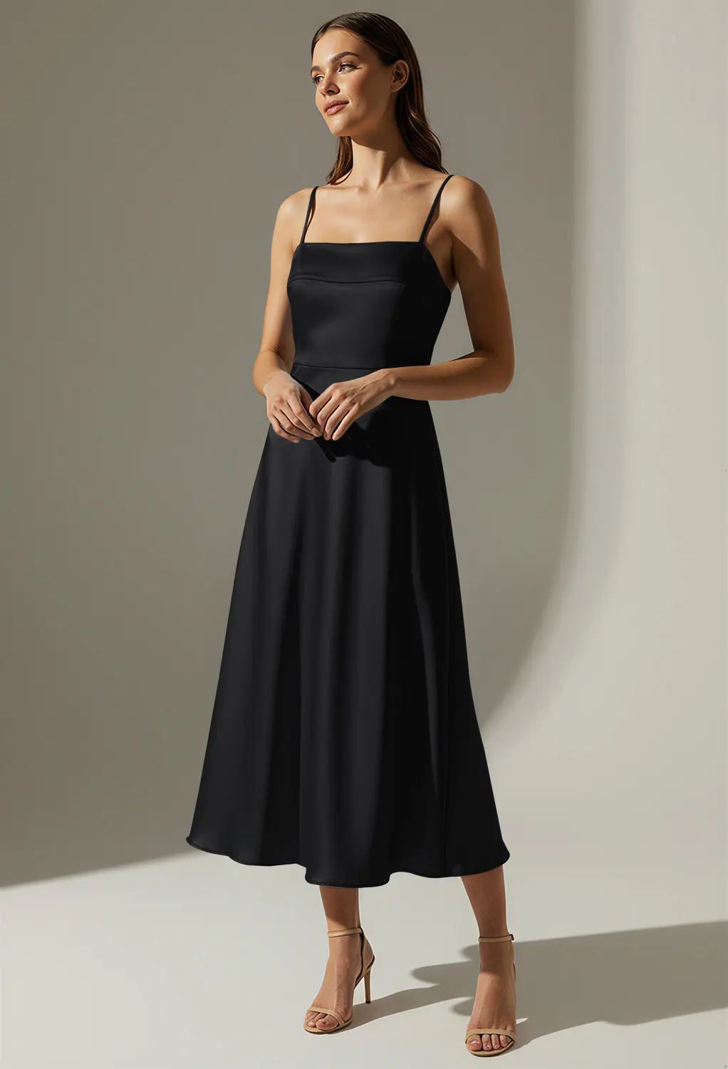 black satin midi bridesmaid dress Metallic, Black Satin, Charmeuse Dresses Page 4 Color:SMOKY-BLUE