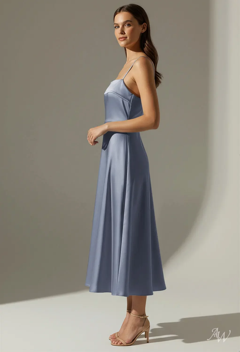 dusty blue tea length dress AW Rae Dress, Coronet Satin Charmeuse Stretch Satin Square Neckline Bridesmaid Dresses short knee length dusty blue dress