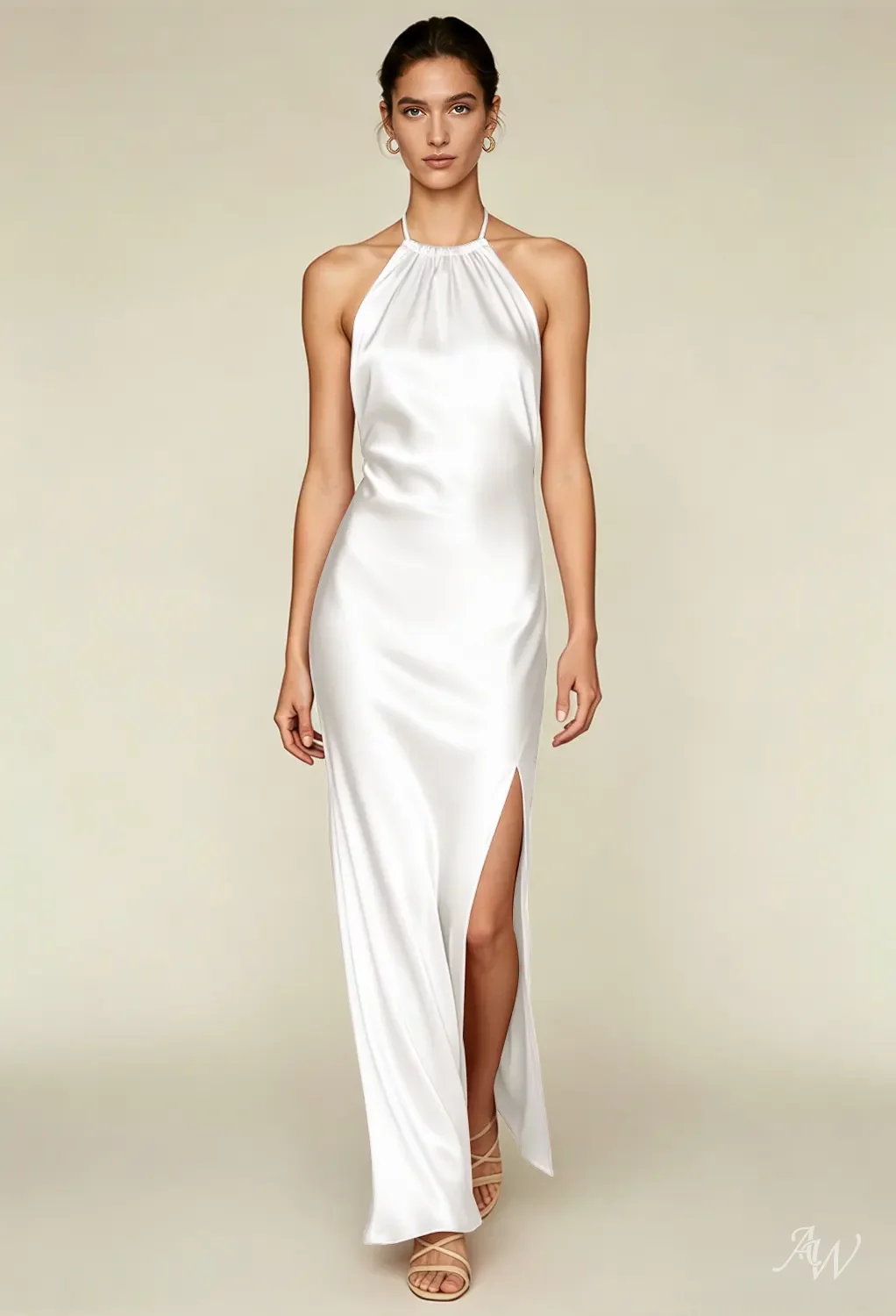 AW.Bridal Bridesmaid Dresses Crystal Satin Column Halter Neckline Floor Length Sleeveless Backless Dress Ivory Size 16
