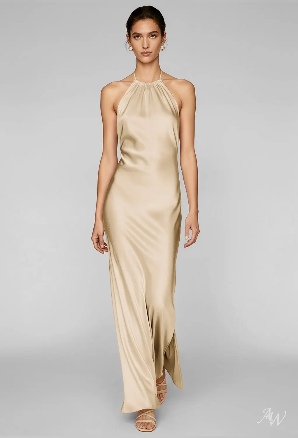 AW.Bridal Column Halter Neckline Floor Length Sleeveless Satin Backless Long Bridesmaid Dresses Dress Champagne Size 4