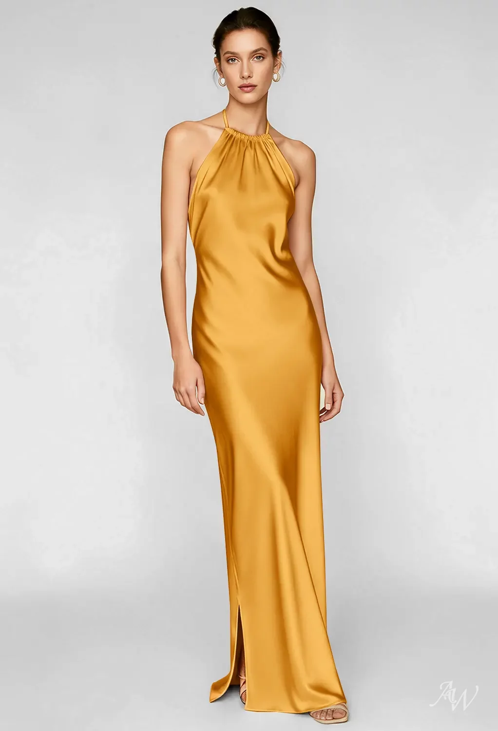 AW.Bridal Column Halter Neckline Floor Length Sleeveless Satin Backless Long Bridesmaid Dresses Dress Mango Size 6