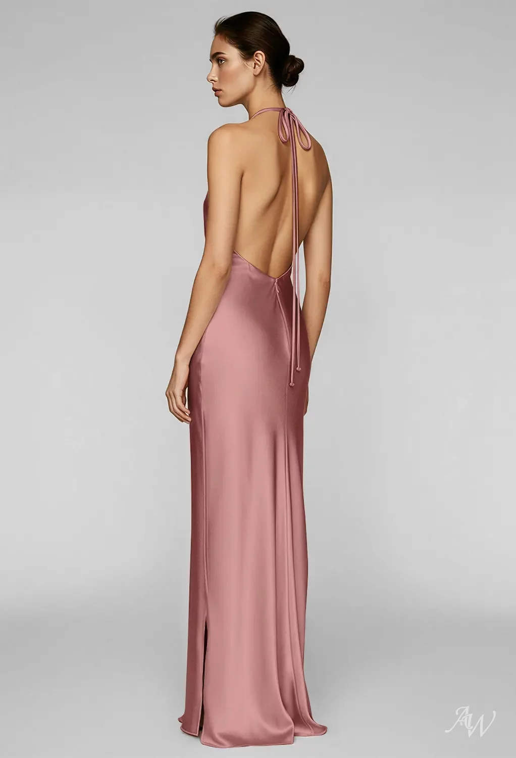 AW.Bridal Bridesmaid Dresses Stretch Satin Column Halter Neckline Floor Length Sleeveless Backless Dress Muted Terracotta Size 18