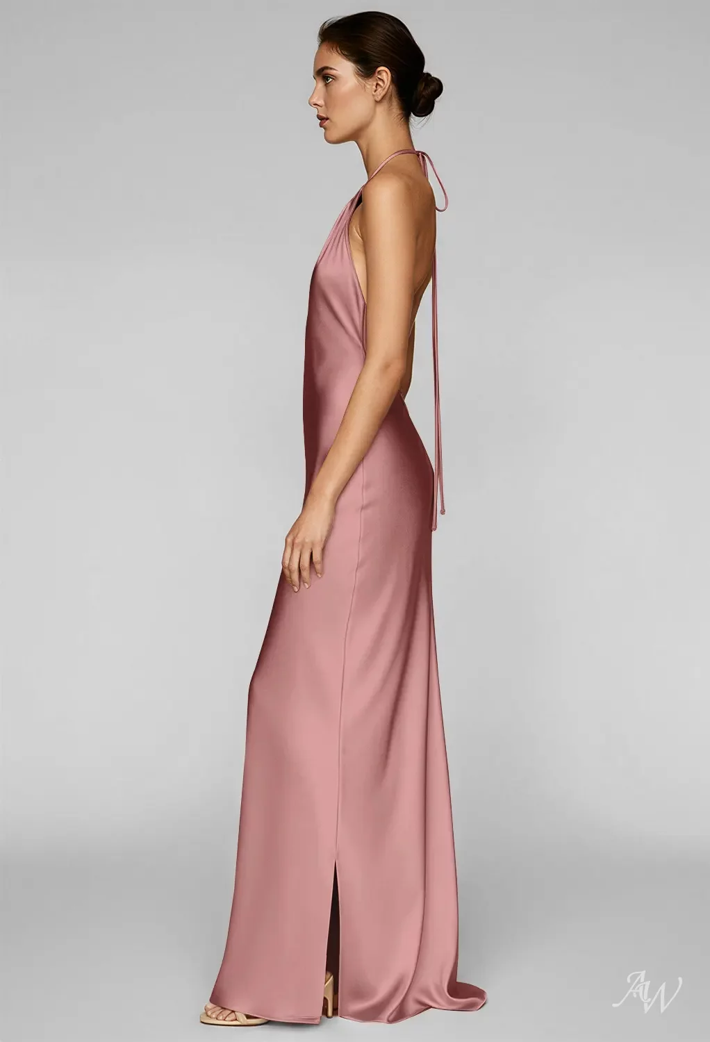 AW.Bridal Column Halter Neckline Floor Length Sleeveless Satin Backless Long Bridesmaid Dresses Dress Muted Terracotta Size 4